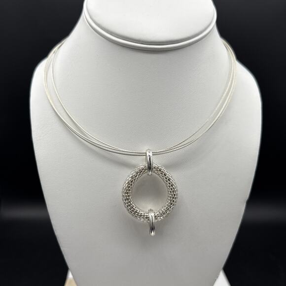 Multi Strand Cable Necklace 19 in Silver Tone Mesh Circle Pendant Dana Buchman - Picture 1 of 5